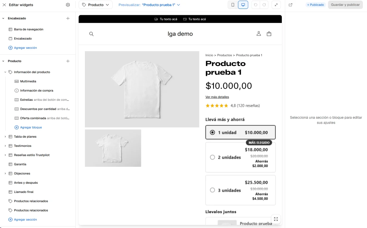 El editor de Gadsden Widgets: la lista de secciones a la izquierda, la ficha de producto de la tienda en el medio con descuentos por cantidad, y los ajustes a la derecha.